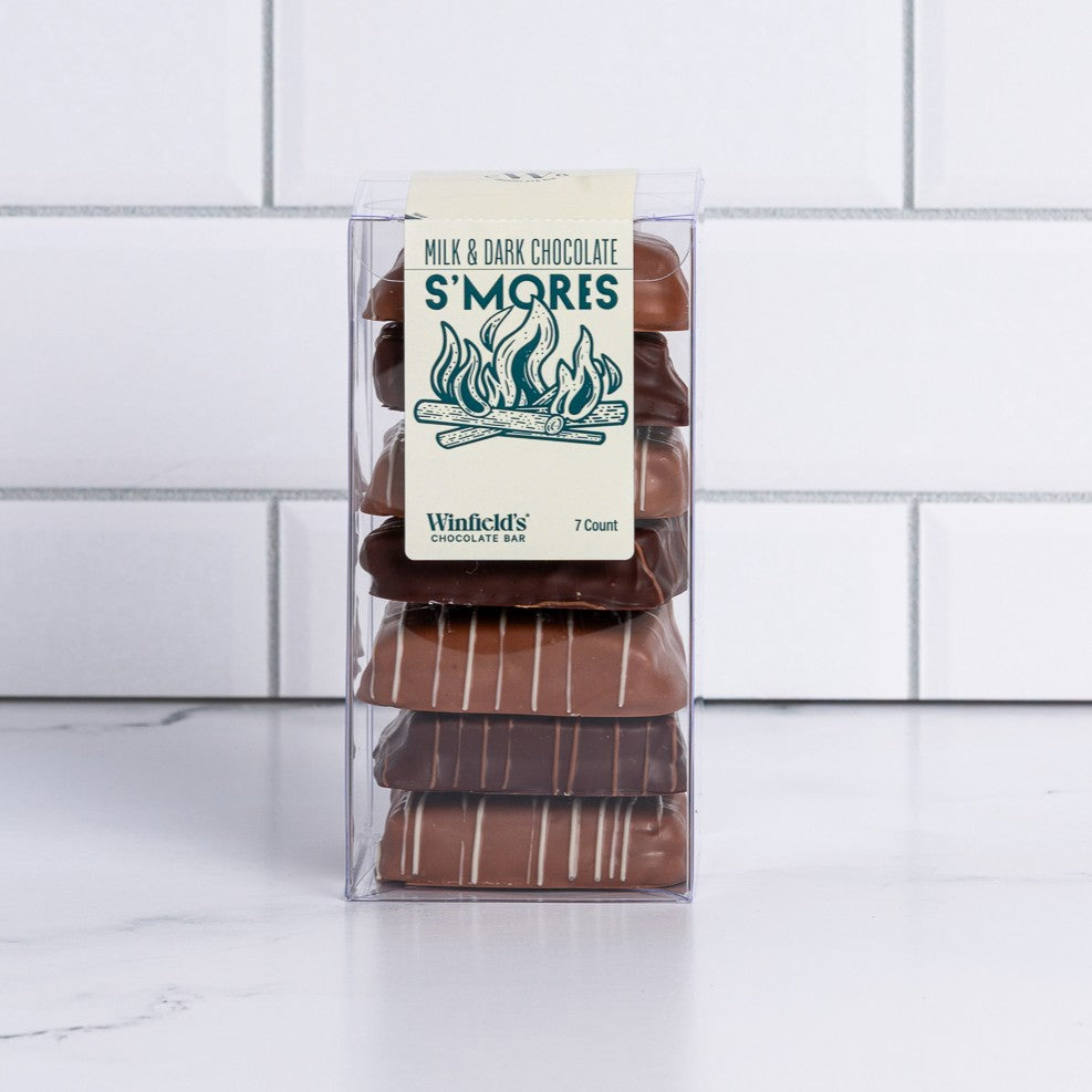 Winfield's S'mores 7-piece assortment boxed in clear packaging, milk and dark chocolate
