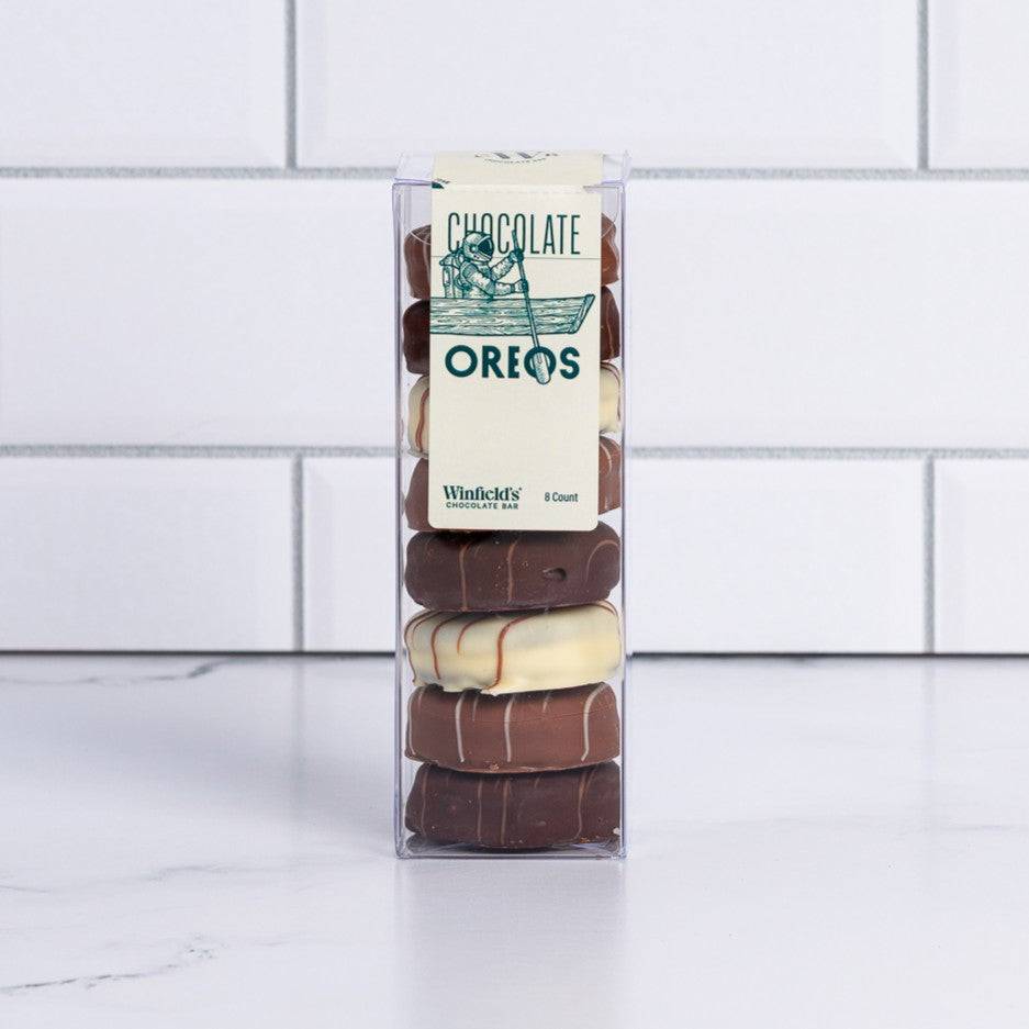 Winfield's Chocolate Oreos 8-count box in clear packaging with the pieces stacked inside