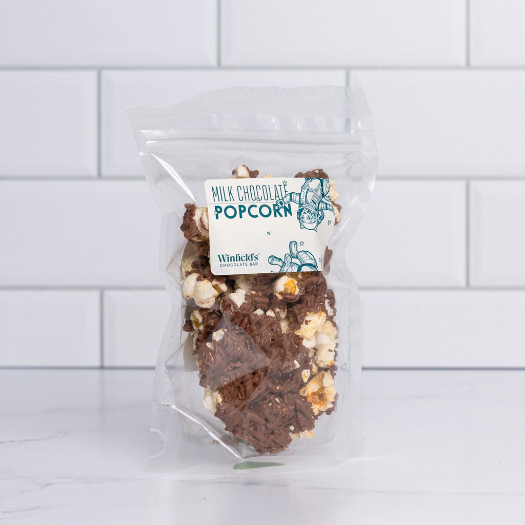 Stand-up pouch of Winfield's Milk Chocolate Popcorn