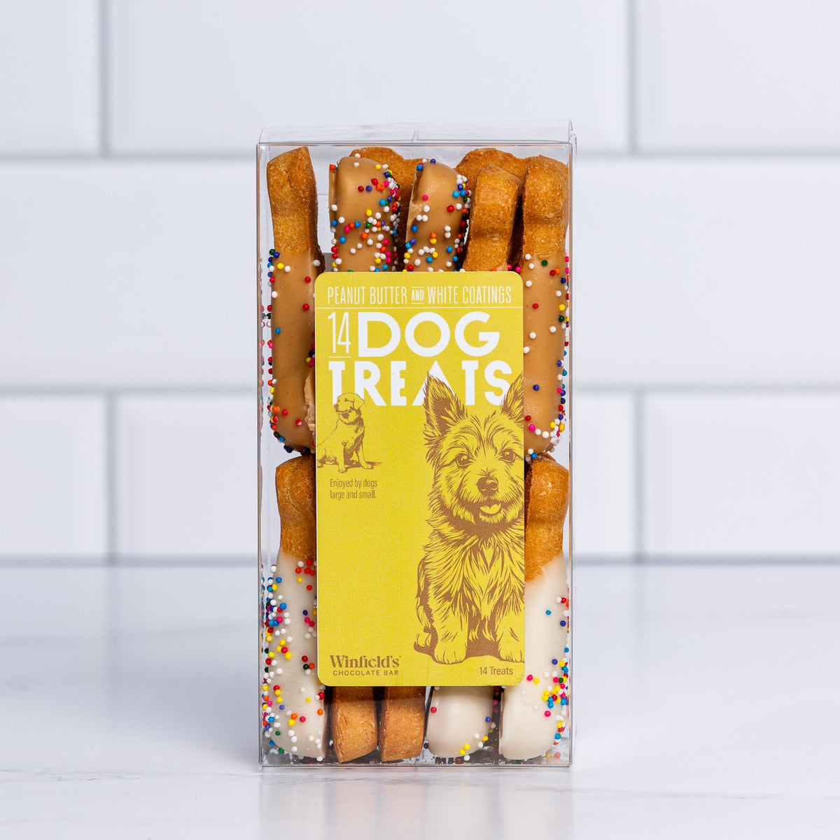 Winfield's Small Dog Treats 14-count box with a yellow label and clear window showing sprinkled bones