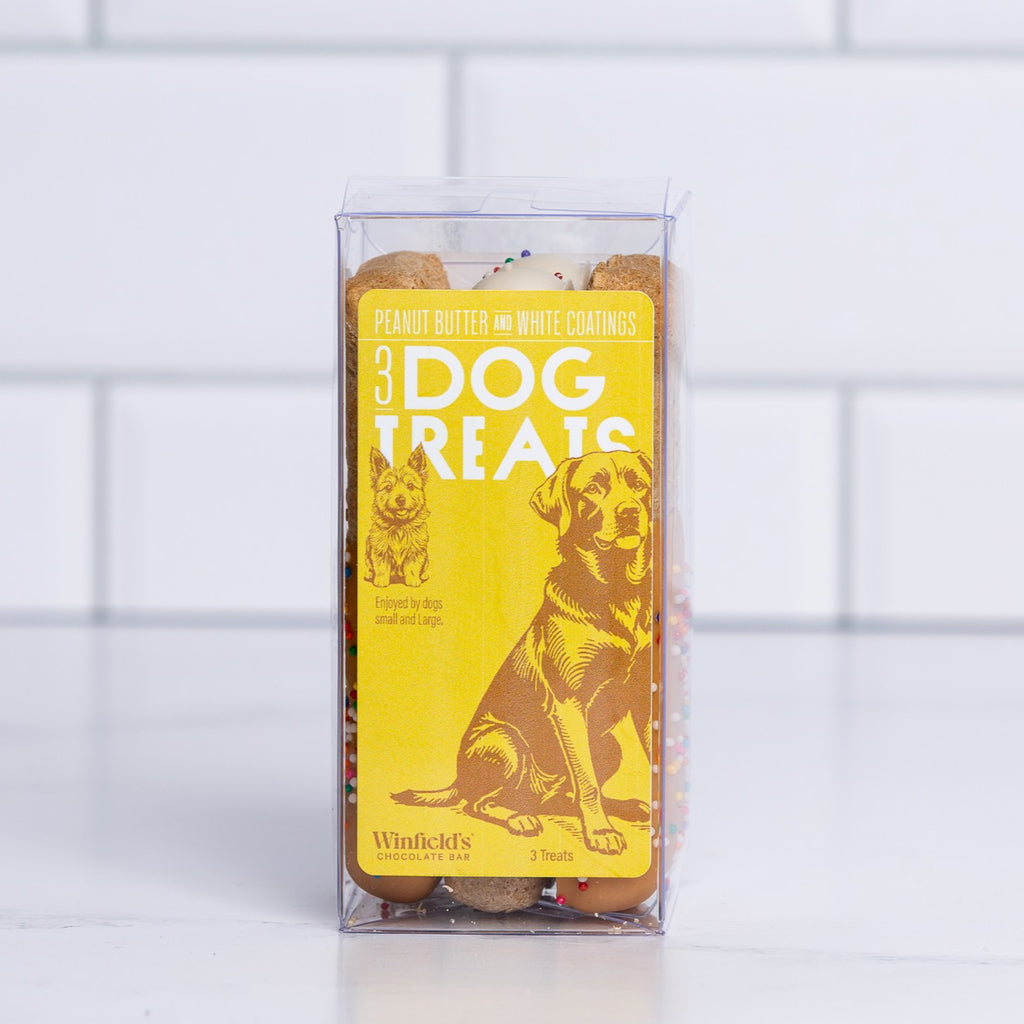 Winfield's Large Dog Treats box with a yellow label and clear window