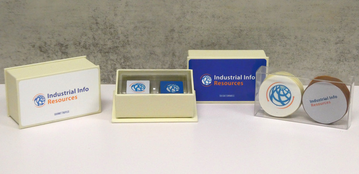 Corporate gift set branded for Industrial Info Resources: a printed box of truffles and matching logo chocolate coins