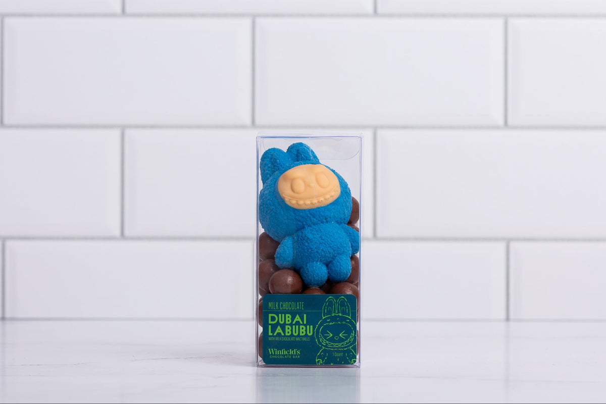 Winfield's Milk Chocolate Dubai Labubu Doll in a clear gift box with a green label