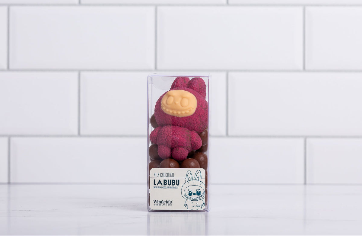 Winfield's Milk Chocolate Labubu Doll in a clear gift box with a printed label