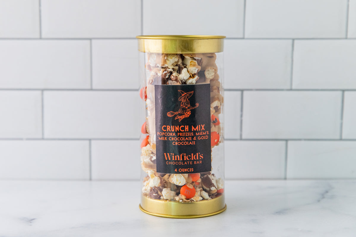 Winfield's Halloween Crunch Mix in a 4oz resealable tube with a spooky-season label