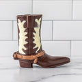Winfield's molded chocolate cowboy boot in milk and white chocolate with decorative stitching