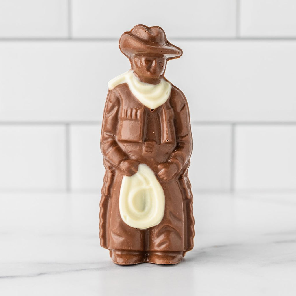 Winfield's molded milk chocolate cowboy figure with a white chocolate bandana and chaps
