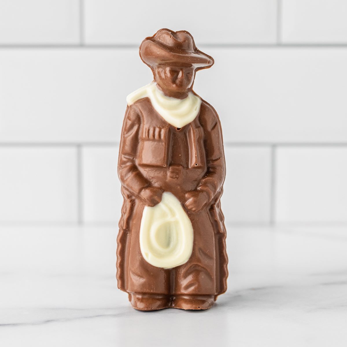 Winfield's molded milk chocolate cowboy figure with a white chocolate bandana and chaps