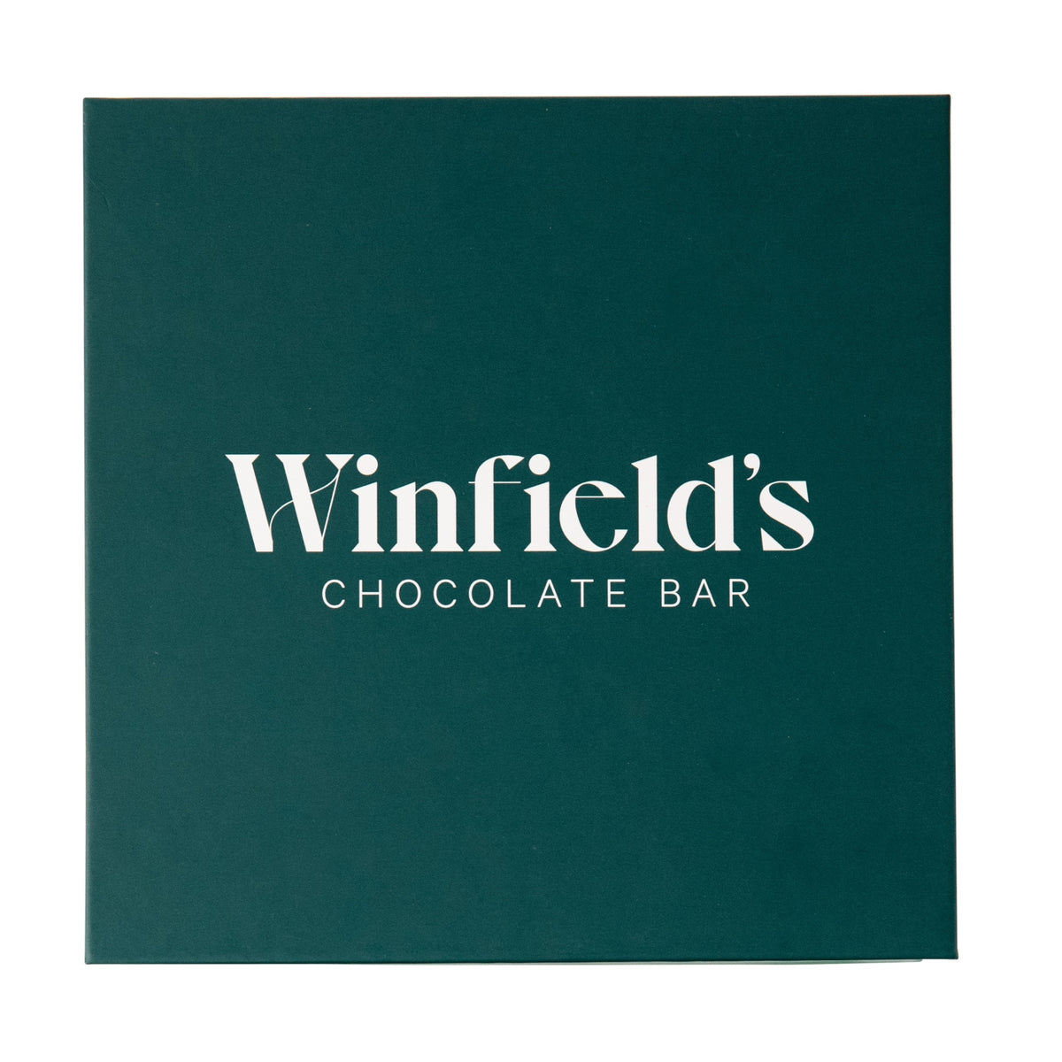 Closed dark green Winfield's Chocolate Bar truffle box lid
